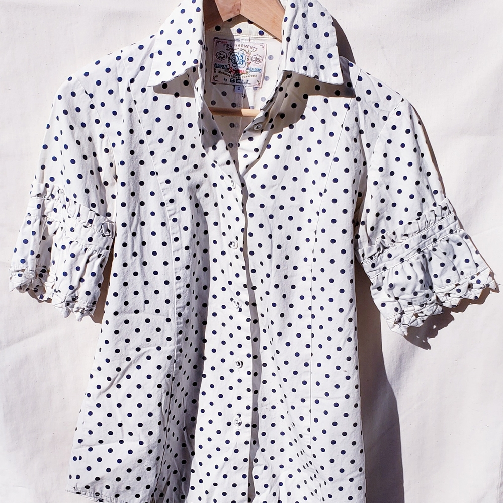 Elegant White Polka Dot Blouse with Ruffle Sleeves